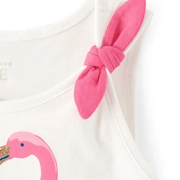 The Children’s Place Flamingo Print Kids Set Pink and White🦩Tank & Shorts NWT - Picture 2 of 2